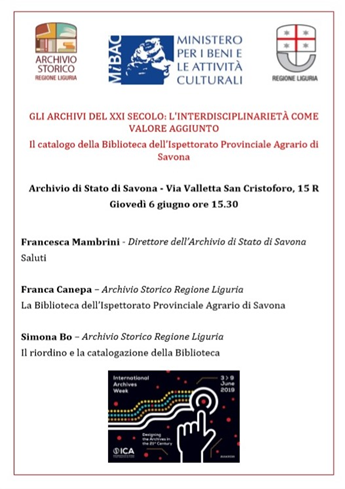 Locandina Presentazione del volume Il catalogo della biblioteca dell'Ispettorato Provinciale Agrario di Savona